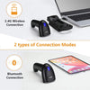 Bluetooth Wireless Barcode Scanner Wall Mountable, 2.4G Wireless 1D QR 2D Bar Code Reader CMOS Screen Scanning PDF417 Data Matrix Scan with Adjustable Folding Stand and USB Charging Cradle