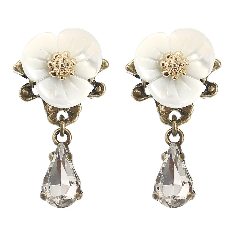 JASSY Elegant White Shell Flower Crystal Earring Antique Bronze Nickle Free Ear Drop Women Jewelry