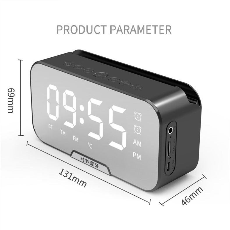 2020 New Wireless bluetooth Clock Speaker Radio LED Mirror Alarm Clock Subwoofer Music Player Snooze Desktop Clock Wireless  Speaker with FM Radio