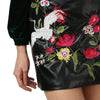 Stylish High Waist Floral Embroidery PU Zipper Women Skirt