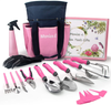 Monios-L Garden Tool Set, Gardening Gifts for Women, Stainless Steel Heavy Duty Gardening Supplies with Non-Slip Ergonomic Handles, Storage Tote Bag, Pink Yard Tools with Extra Succulent Kits