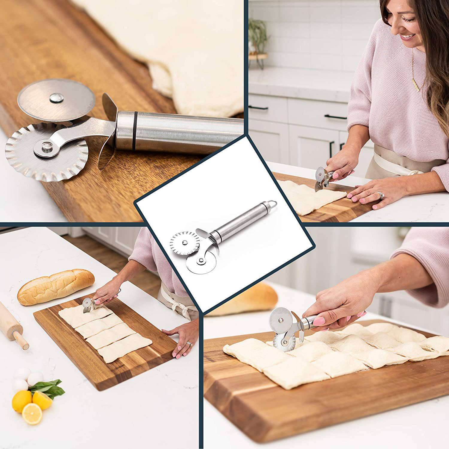 5 Wheel Pastry Cutter Pasta Cutter Set. Pasta Making Tool with Adjustable  Accordian Dough Cutter, Dual Fluted Ravioli Cutter Pizza Slicer, and Bench  Scraper, Noodle, Cookie, Pie Lettuce 