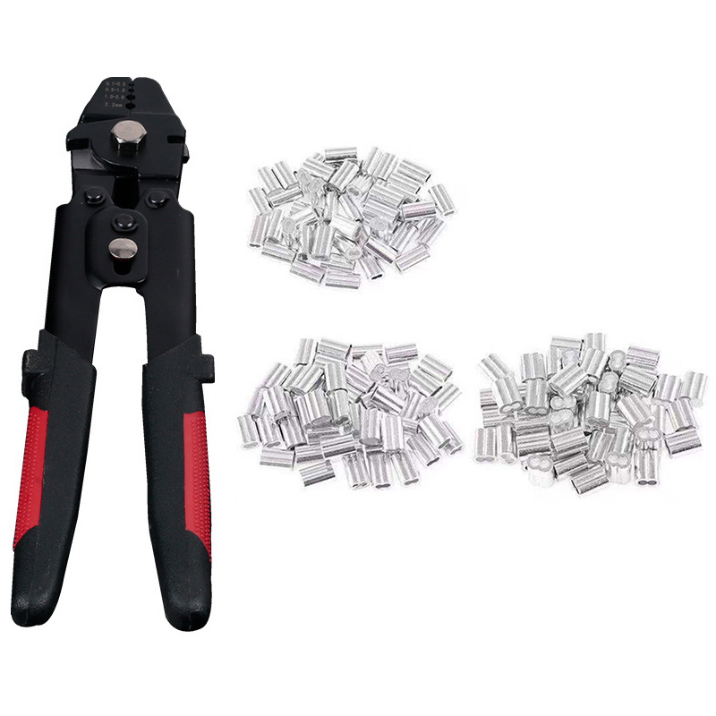 Wire Rope Crimping Tool Fishing Crimping Tool With 150pcs 1.2/1.5/2mm  Aluminum Double Barrel Ferrule Crimping Loop Sleeve Kit