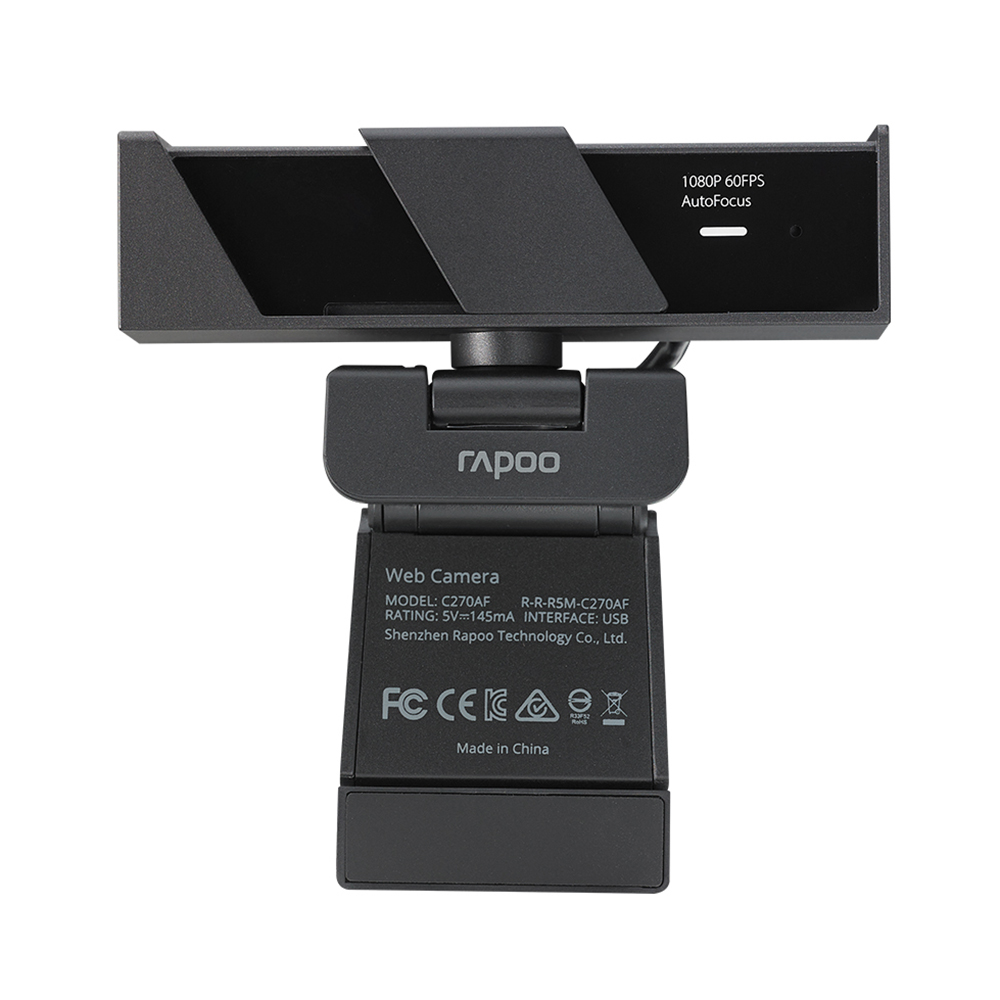 Rapoo C270AF Webcam Auto-Focus Full HD 1080P 60FPS 85° Wide-Angle Viewing Angle 360° Horizontal Rotation USB Wired Web Camera with Len Cover Built-In Stereo Sound Noise Reduction Microphone