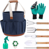 ZORMY 9 Piece Garden Tool Set with 5 Gallon Organizer Bucket, Garden Hand Tools Tote Bag with 18 Pockets, Heavy Duty Garden Tools Kit Include Storage Bag,Weeder,Rake,Shovel,Trowel and More(Blue)