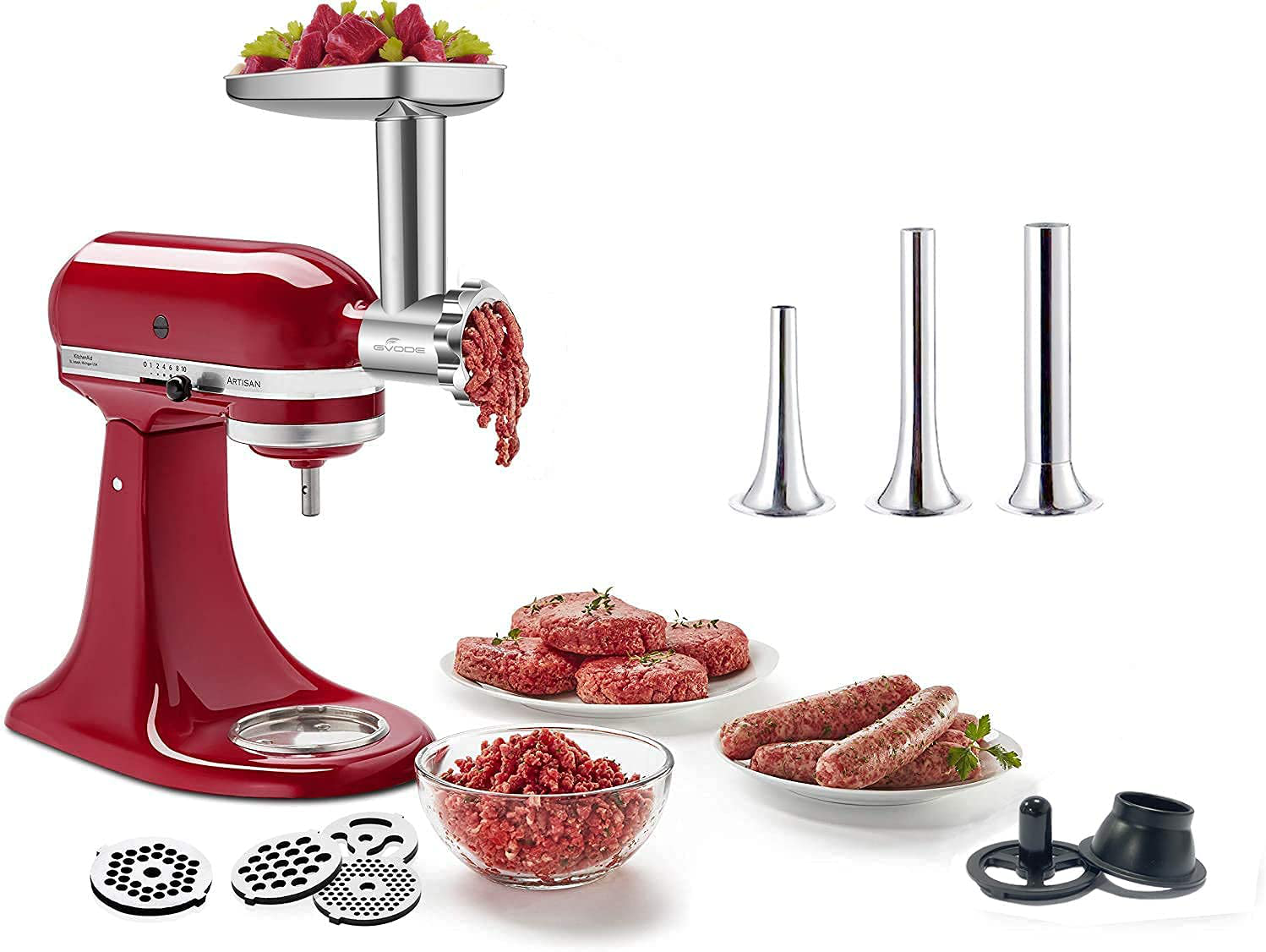Stainless Steel Food Grinder Attachment for KitchenAid Stand MixerDurable  Meat Grinder, Including 3 Sausage Stuffer Dishwasher Safe Attachment