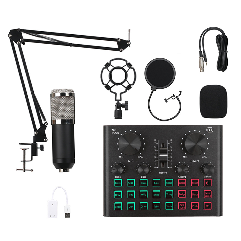 Professional BM800 HD Free Drive USB Condenser Microphone Kit + V8 plus Sound Card with Stand Mount
