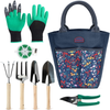9 Piece Garden Tools Set, Gardening Organizer Kit with Storage Tote Bag, Heavy Duty Planting Tools, Digger Gloves, Binding Wire and Pruner, Great Gift for Women & Men Mothers' Day. Blue