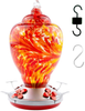 WOSIBO Hummingbird Feeder for Outdoors Patio Large 34 Ounces Colorful Hand Blown Glass Hummingbird Feeder with Ant Moat Hanging Hook, Rope, Brush and Service Card (RED-Firework)