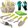 Garden Tool Set 9 Piece Gardening Hand Tools Kit Gift for Women & Parent Gardening Supplies with Gloves,Tote,Kneeling Pad,Hand Pruner,Trowel,Hand Rake,Weeder,Fork,Transplanter