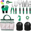 PiscatorZone Garden Tools Set 11 PCS Heavy Duty Gardening Tools Set with Non-Slip Handle,Garden Shears, Gloves,Durable Storage Tote Bag,Plant Label,Planter Seeder,Knee Pads