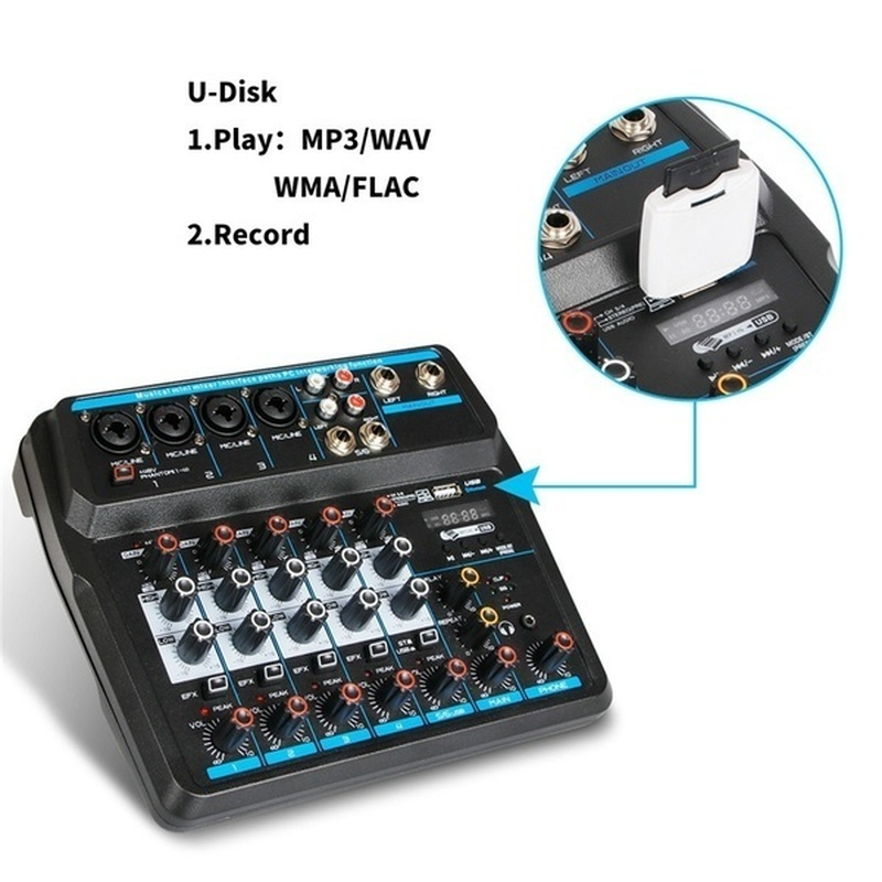 4 6 Channels Sound Mixing Console Portable Audio Mixer Bluetooth USB Record 48V Phantom Power for PC Laptop Speaker Headphone