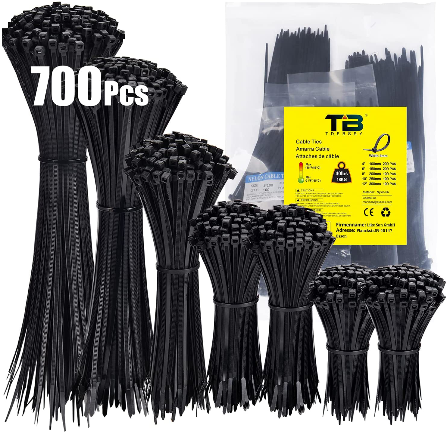 Black Zip Ties, 300 Pack Assorted Sizes, 4/6/8 Inches, UV Resistant Nylon  Cable Ties, Self-Locking Tie Wraps