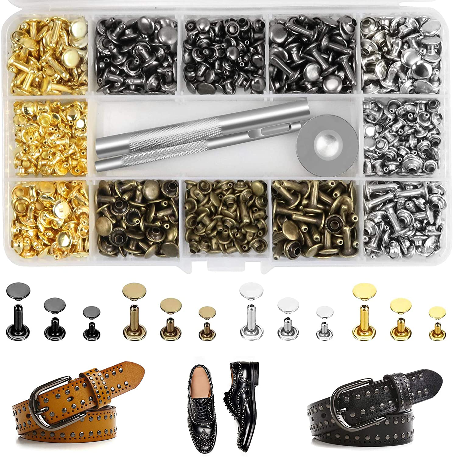 Jetmore 420 Sets Leather Rivets Kit, Double Cap Brass Rivets Leather Studs with 3pcs Setting Tools for Leather Repair and Crafts, 4 Colors and 3 Sizes