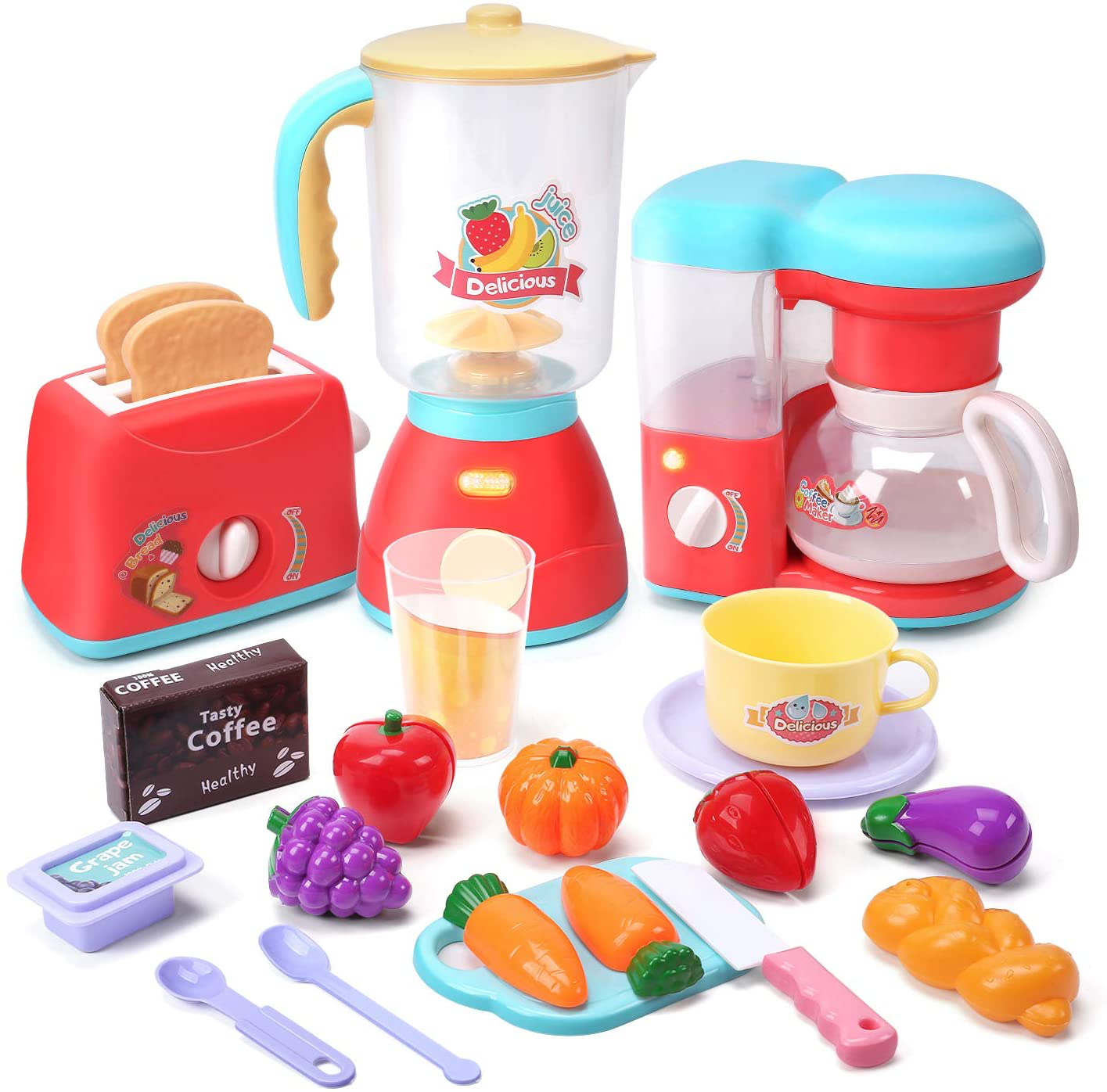 Kids Play Kitchen Toy Set,Kitchen Appliance Toys Bread Toaster  Machine/Coffee Machine/Juicer with Realistic Light Sound Kitchen  Accessories Set for