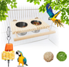 Calymmny Bird Feeding Dish Cups with Wooden Platform, Hanging Stainless Steel Parrot Cage Feeder Water Bowl with Hanging Food Holder Chewing Balls for Parakeet Cockatiels Lovebirds Budgie Pigeons