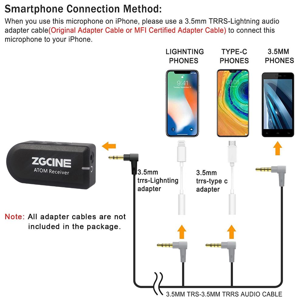 ZGCINE ATOM Wireless Lapel Microphone Receiver Kit Mini 2.4G Video Recording Mic Tripod Phone Holder for Camera DSLR Smartphon