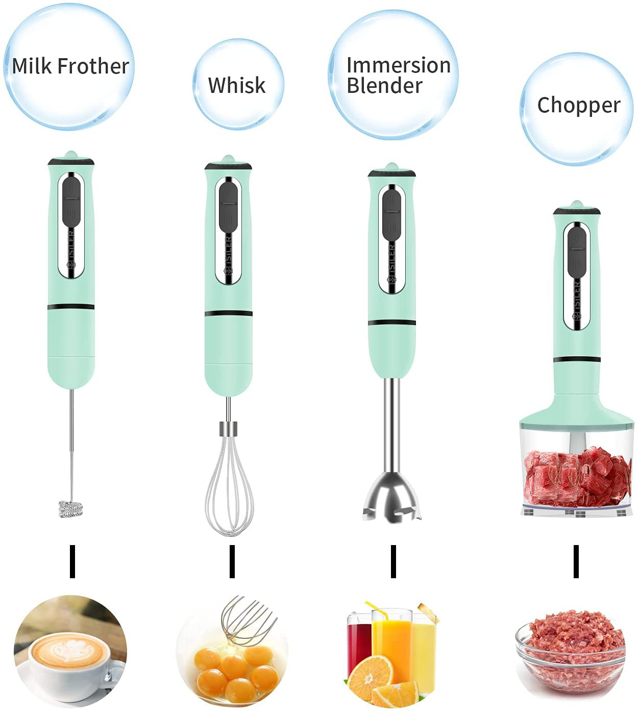 Immersion Hand Blender, ISILER 5-in-1 500-Watt Multi-Purpose Stick Blender  with 860ml Food Chopper, 600ml Container, Milk Frother, Egg Whisk, 8-Speed