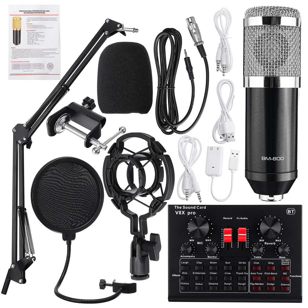 Condenser Microphone with Live Studio Sound Card Recording Mount Boom Stand Mic Kit for Live Broadcast K Song