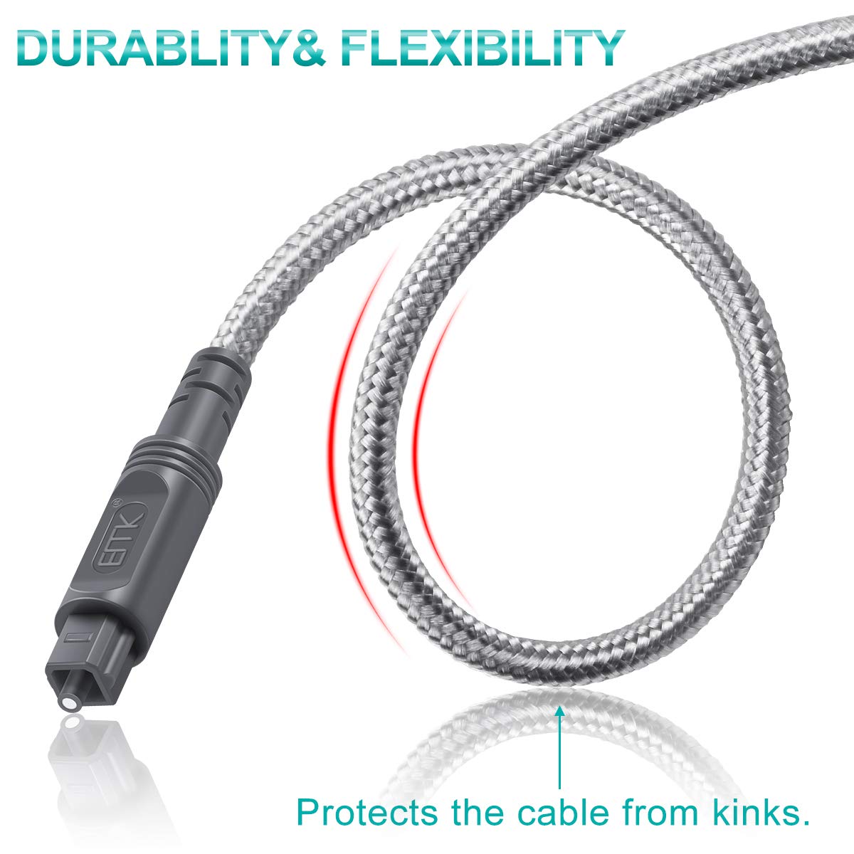 Digital Optical Audio Cable Toslink Cable - [Cotton Braided Jacket,Durable and Flexible]EMK Fiber Optic Cord for Home Theater, Sound bar, TV, PS4, Xbox & More (10Ft/3M)