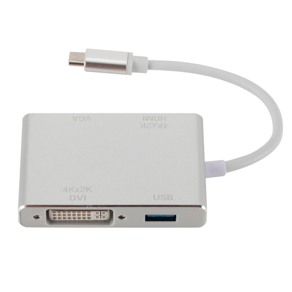 Type-C to VGA HDMI DVI USB Adapter Cable USB3.1 to HUB Splitter 4 In 1 4K HD Converter (Silver)