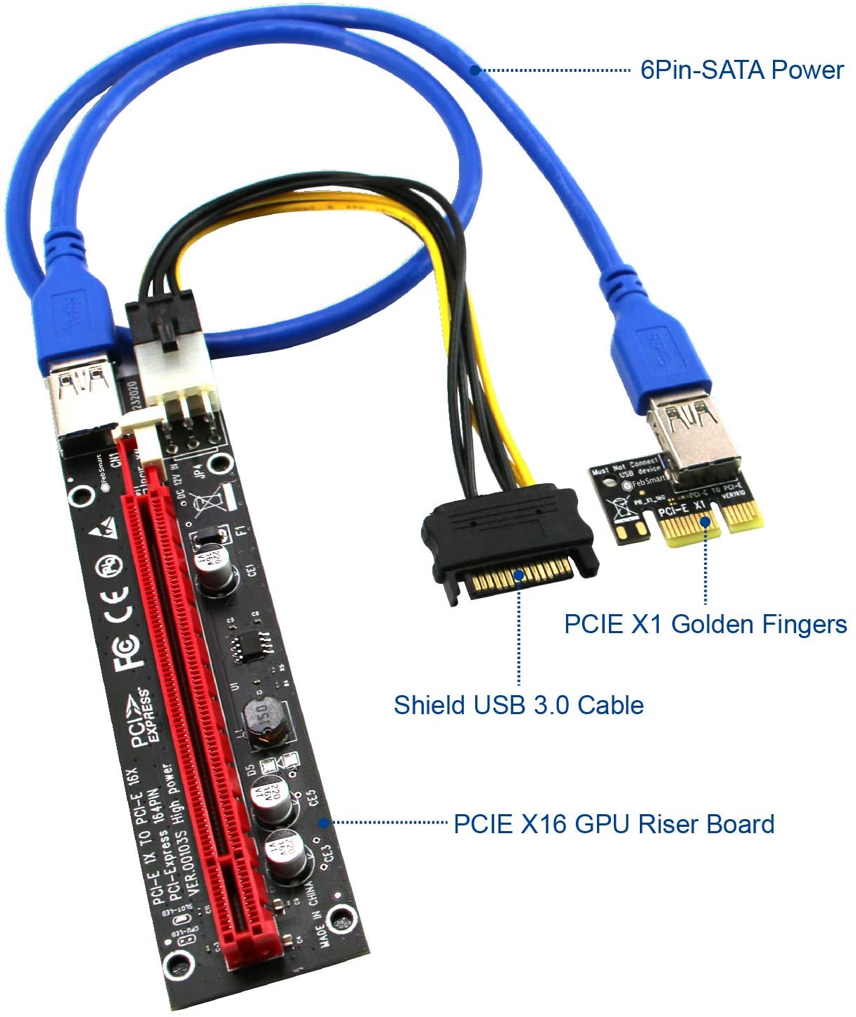 PCIE Riser Cable VER006C,GPU Risers for Mining Rigs,GPU Extension Cable,GPU Crypto Currency Mining Cable with 6Pin-SATA Power Cable and 23.6in Extension Cable,Extend PCIE X1 to PCIE X16(PCE-VER006C)