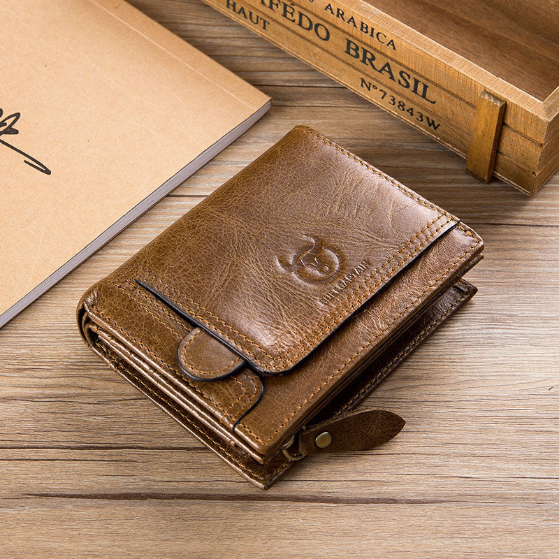 Bullcaptain Cowhide Zipper Wallet Coin Bag Vintage Short Wallet for Men
