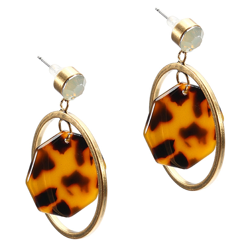 JASSY Stylish Leopard Print Cellulose Acetate Earring Antique Gold Geometric Women Dangle Ear Drop