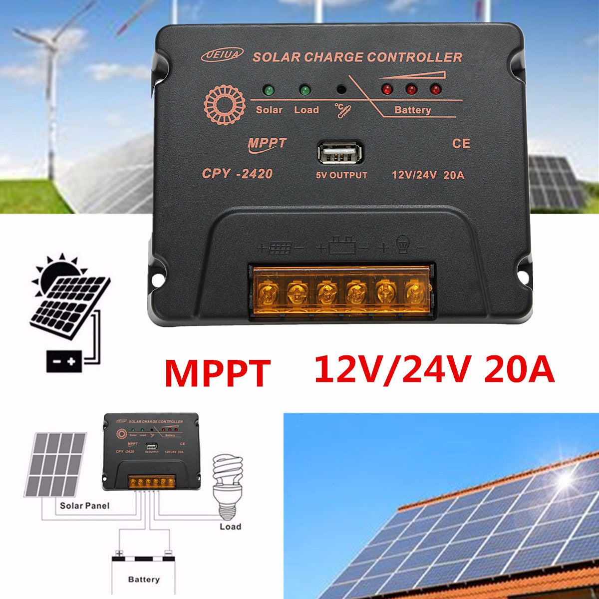 CPY-2420 12V/24V 20A USB MPPT Solar Panel Battery Charge Controller