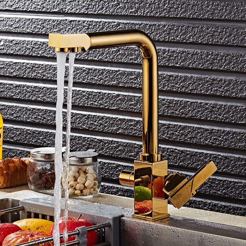 Brass Swivel Drinking Hot & Cold Water Faucet 3 Way Water Filter Purifier Golden Kitchen Faucets